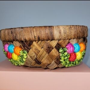 Vintage Raffia Woven Straw Basket w Embroidered Fruit Colorful Natural 7.5 Inch